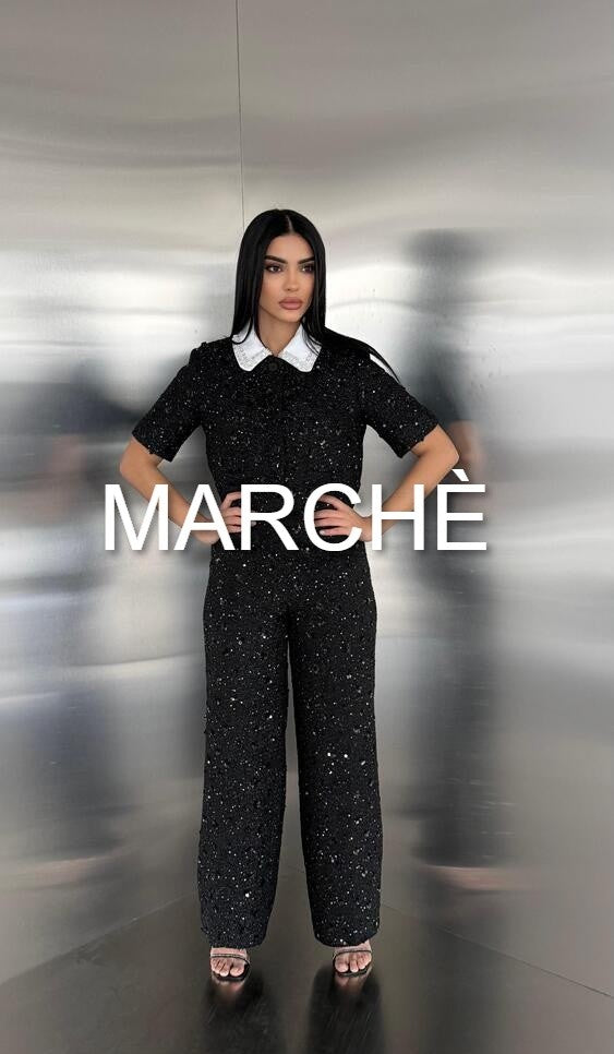 COLLAR TWEED SEQUINED TOP + WIDE PANTS