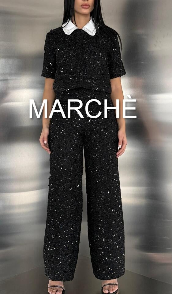 COLLAR TWEED SEQUINED TOP + WIDE PANTS