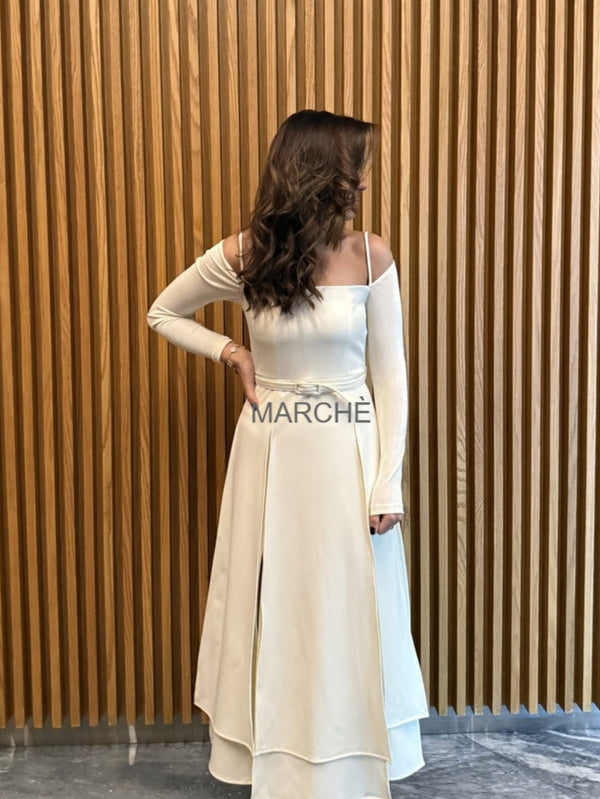 STRAPLESS SHOULDER MIDI DRESS