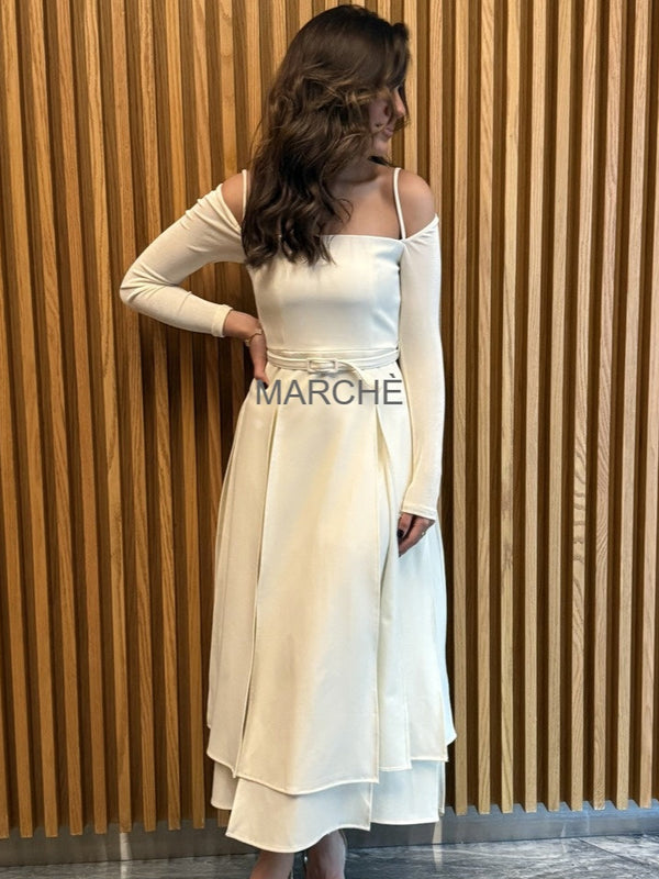 STRAPLESS SHOULDER MIDI DRESS