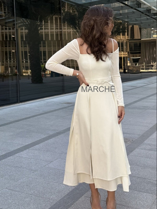 STRAPLESS SHOULDER MIDI DRESS