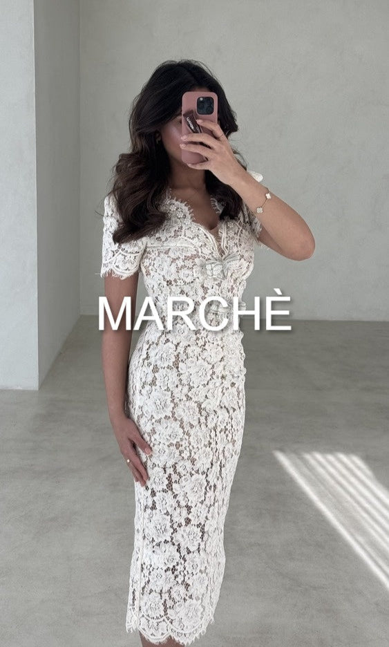 V-NECK LACE FLORAL MIDI