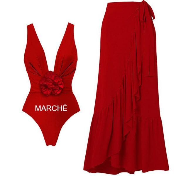 3D FLOWER V-NECK ONE PIECE SWIMSUIT WITH LONG SKIRT