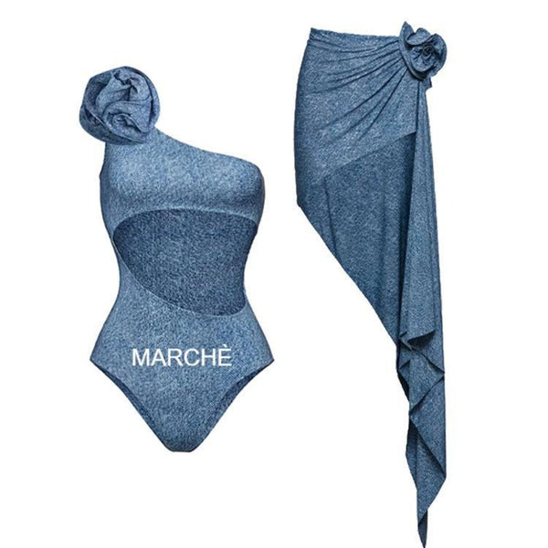 Denim Printed Once Piece Swimsuit And Skirt