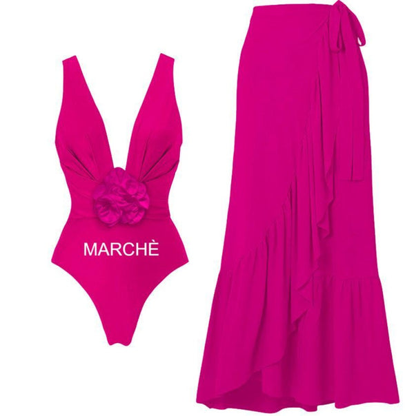 3D FLOWER V-NECK ONE PIECE SWIMSUIT WITH LONG SKIRT