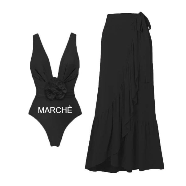 3D FLOWER V-NECK ONE PIECE SWIMSUIT WITH LONG SKIRT