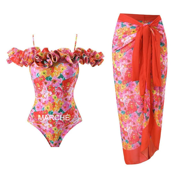 FLORAL PRINT RUFFLE SWIMSUIT WITH LONG SKIRT