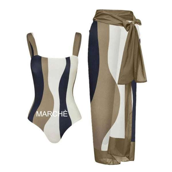 ASYMMETRIC STRIPED BIKINI SETS SWIMSUIT  WITH CONTRAST COVER UP