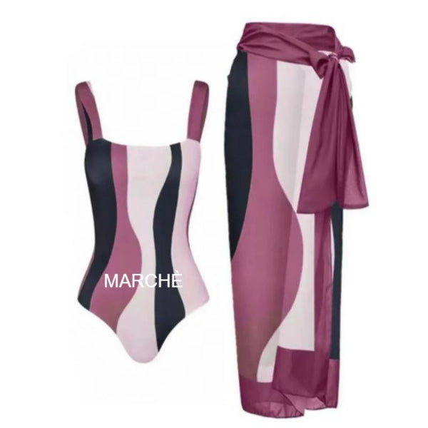 ASYMMETRIC STRIPED BIKINI SETS SWIMSUIT  WITH CONTRAST COVER UP