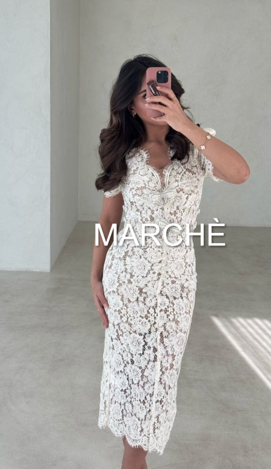 V-NECK LACE FLORAL MIDI