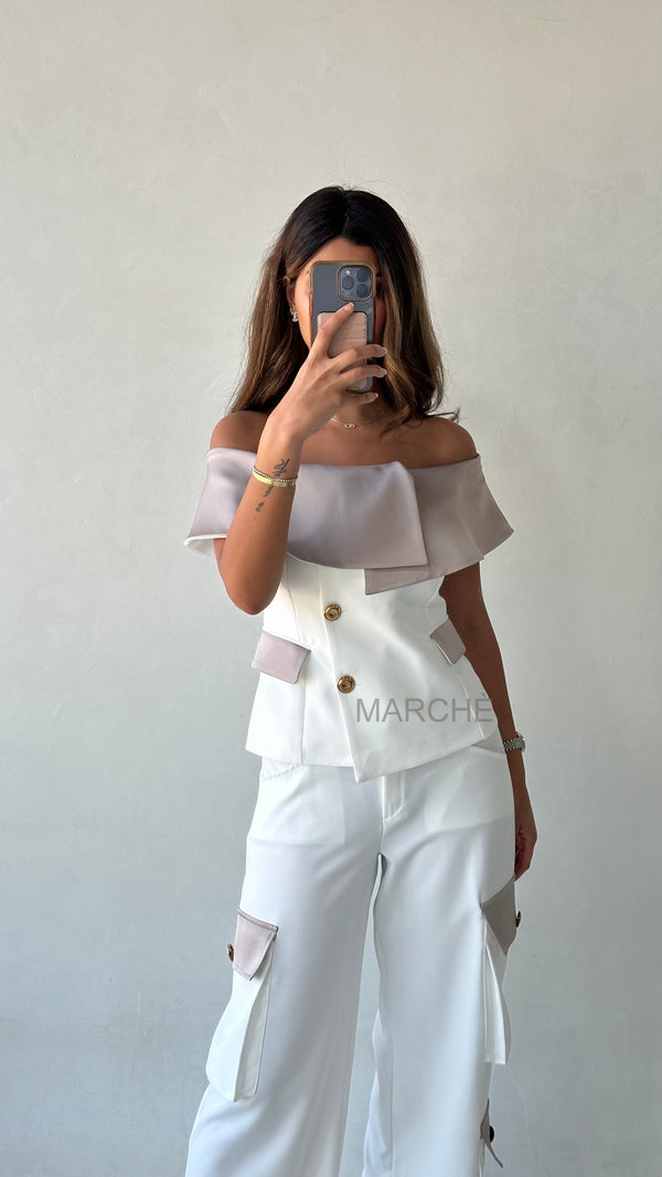 2 PCS SET OFF SHOULDER TOP WITH CARGO STYLE PANTS