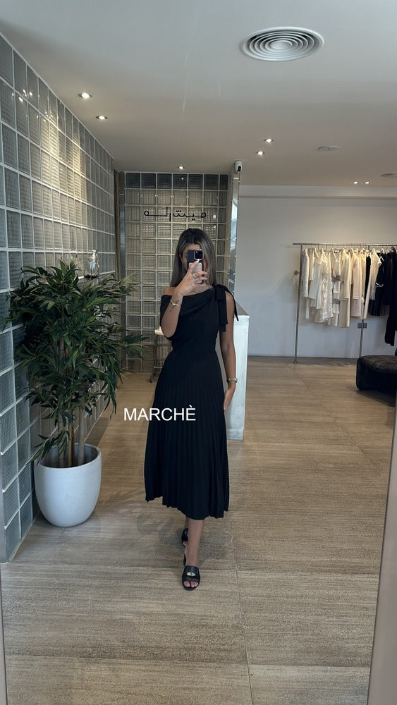 SLANTED SHOULDER LAPEL SEXY WAIST CINCHED PLEATED MID LENGTH DRESS