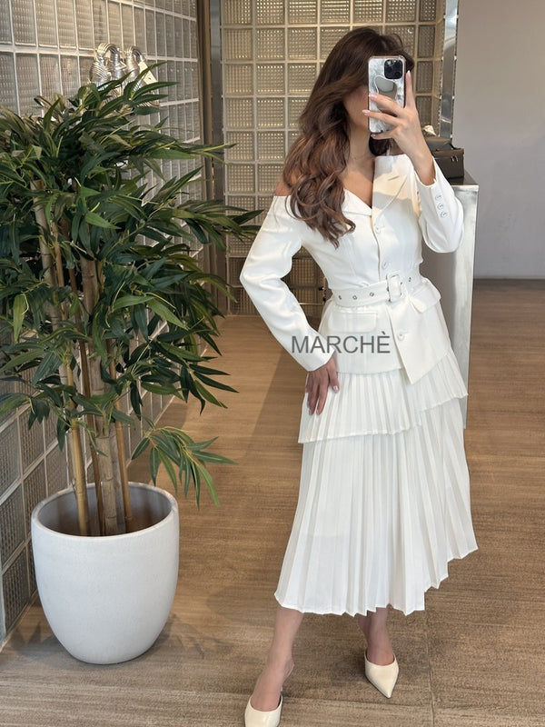 2 PCS V-NECK STRAP SUIT BLAZER HIGH WAIST OVER SKIRT