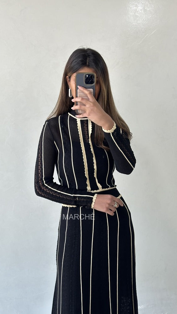 Black Striped Patchwork Dress Lace Elegant