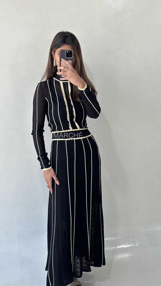 Black Striped Patchwork Dress Lace Elegant