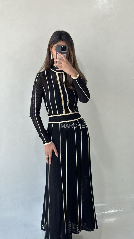 Black Striped Patchwork Dress Lace Elegant