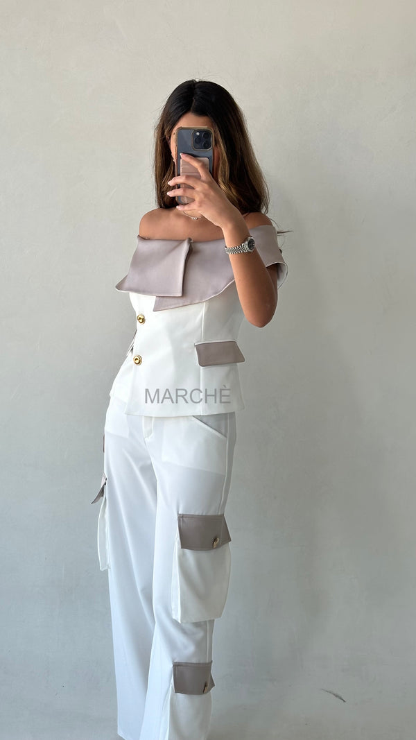 2 PCS SET OFF SHOULDER TOP WITH CARGO STYLE PANTS