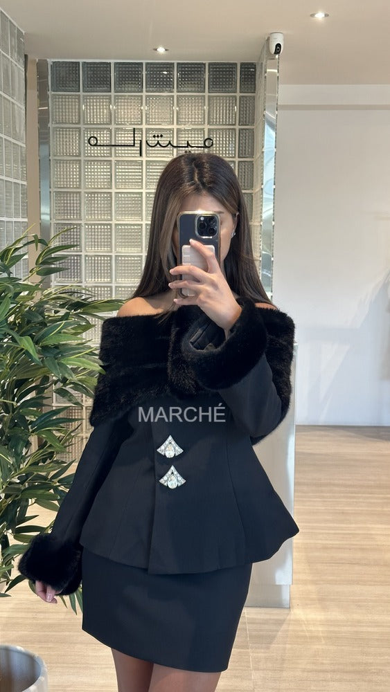 2 Pcs Set Slash Neck Rhinestone Skirt Suit