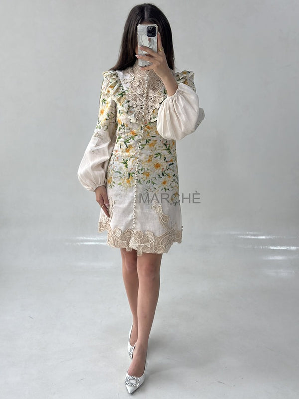 EMBROIDERD TURTLENECK WITH EXAGGERATED SLEEVE SHORT DRESS