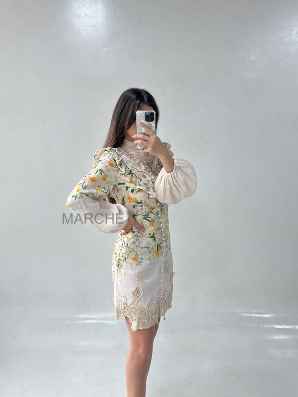 EMBROIDERD TURTLENECK WITH EXAGGERATED SLEEVE SHORT DRESS