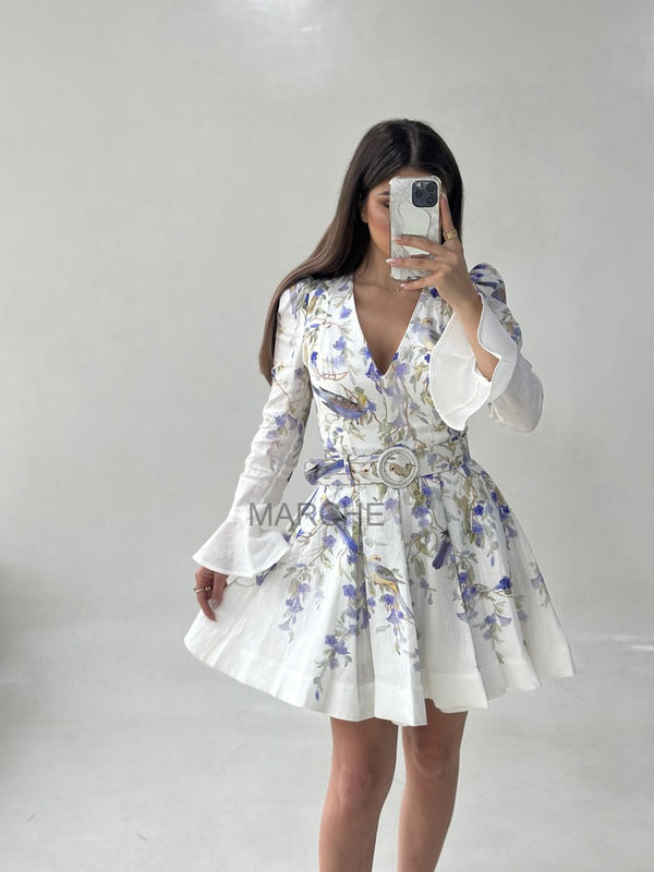 V-NECK FLORAL MINI DRESS WITH BELT