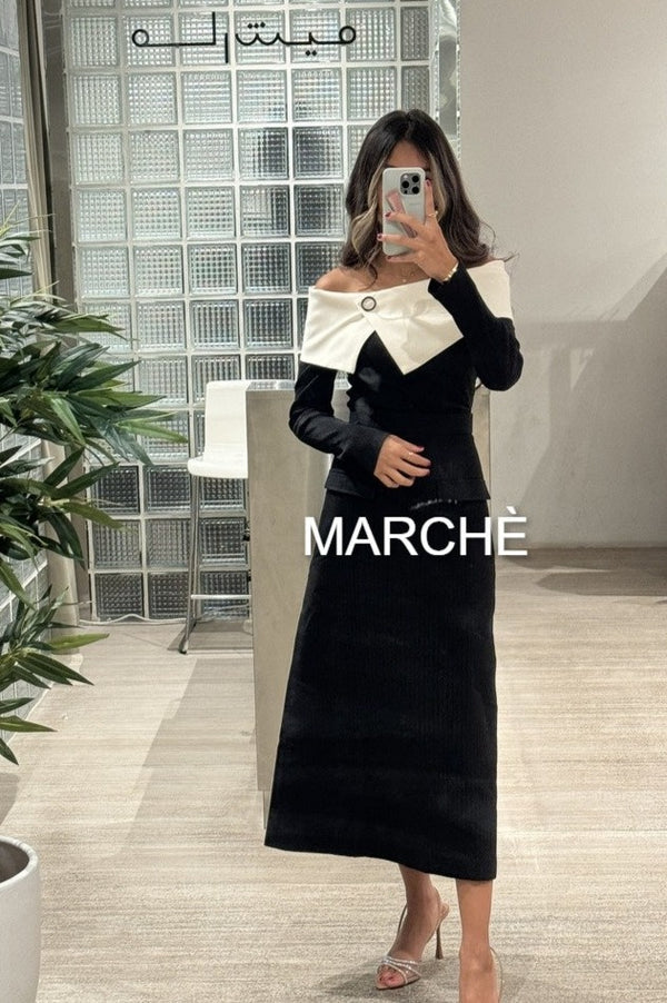 2PCS SET OFFSHOULDER KNIT FABRIC TOP WITH POCKET MAXI SKIRT