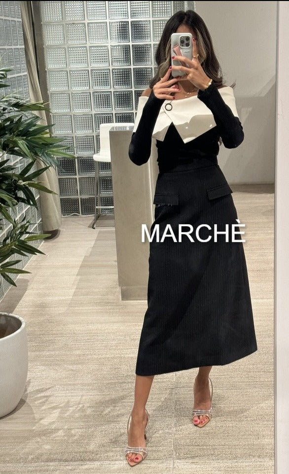 2PCS SET OFFSHOULDER KNIT FABRIC TOP WITH POCKET MAXI SKIRT