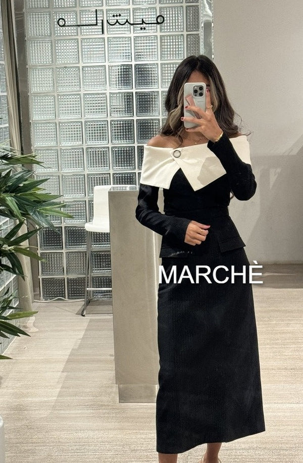 2PCS SET OFFSHOULDER KNIT FABRIC TOP WITH POCKET MAXI SKIRT