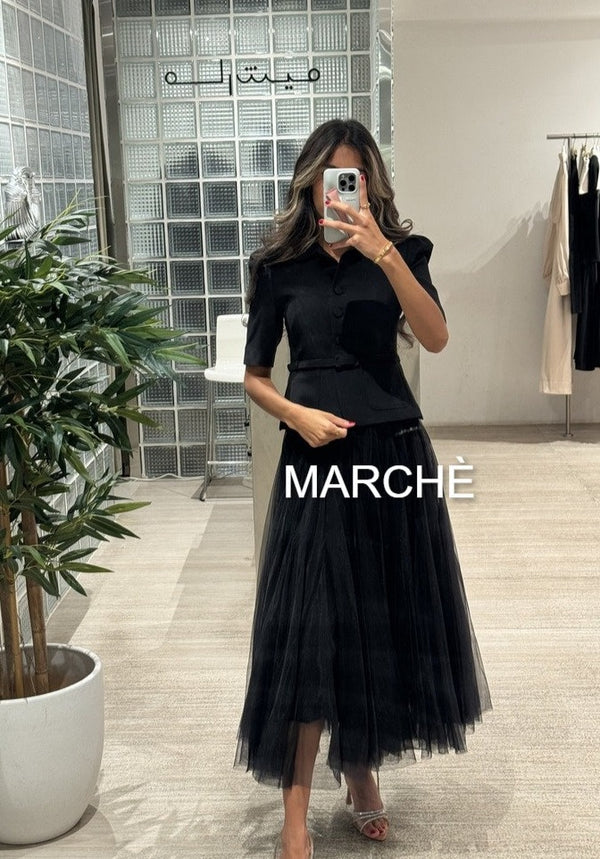 2PCS SET PUFF SLEEVE LAPEL JACKET WITH HIGH WAIST MESH SKIRT