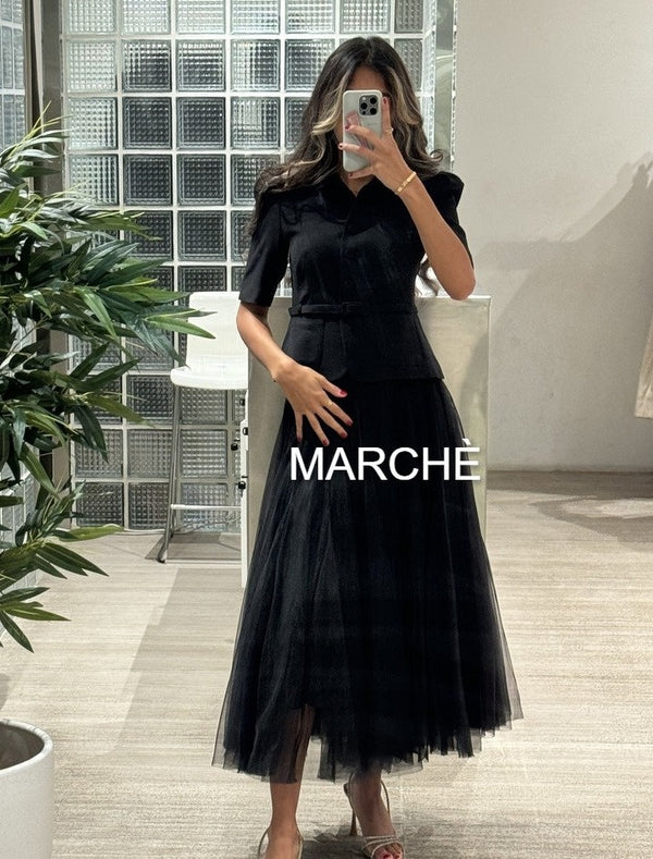 2PCS SET PUFF SLEEVE LAPEL JACKET WITH HIGH WAIST MESH SKIRT