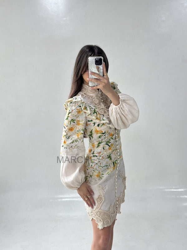 EMBROIDERD TURTLENECK WITH EXAGGERATED SLEEVE SHORT DRESS