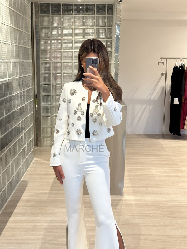Rhinestone Beaded Trimed Jacket Flare Slit Pants Suit