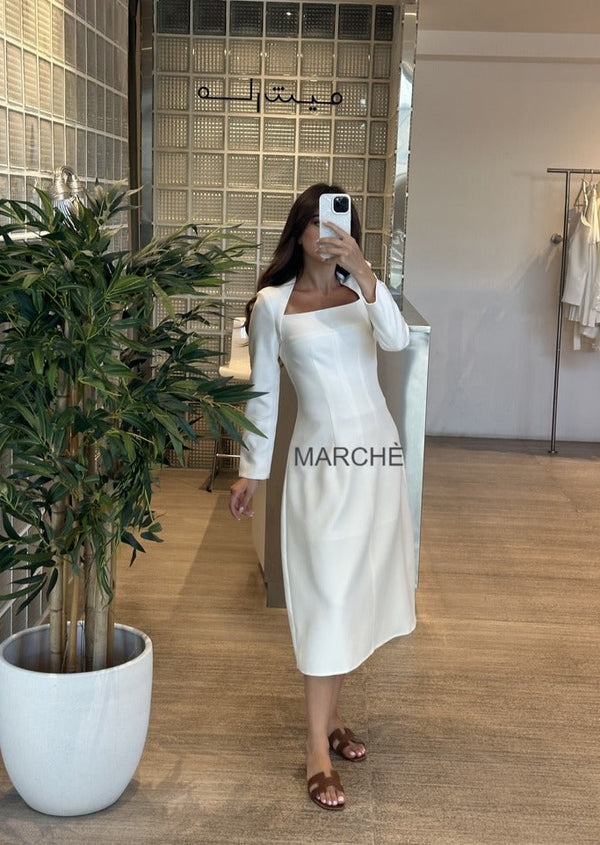 SQUARE COLLAR HIGH WAIST LONG SLEEVE ELEGANT DRESS