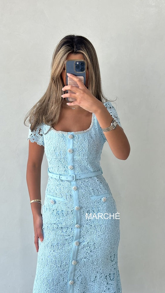 RHINESTONE SQUARE COLLAR SHORT SLEEVE MID-CALF DRESS