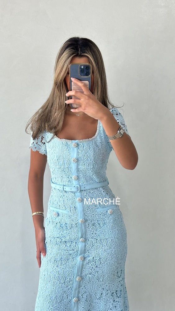 RHINESTONE SQUARE COLLAR SHORT SLEEVE MID-CALF DRESS