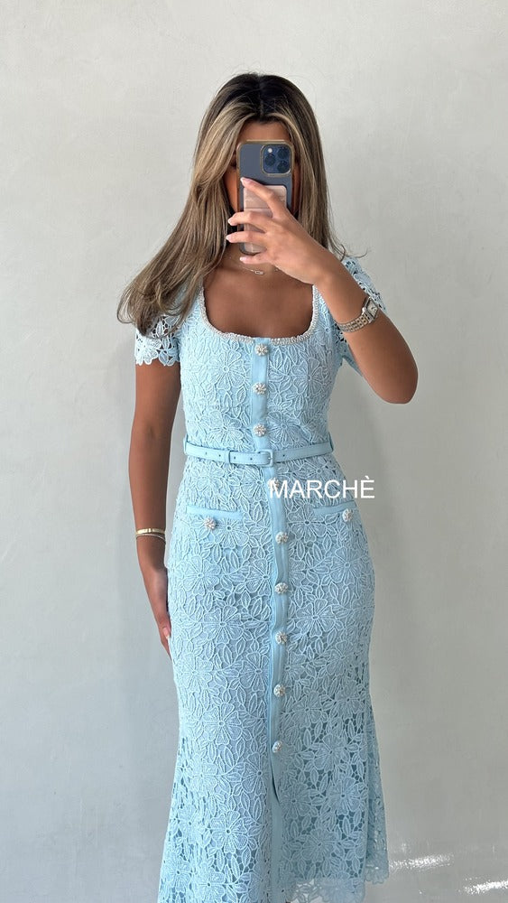 RHINESTONE SQUARE COLLAR SHORT SLEEVE MID-CALF DRESS