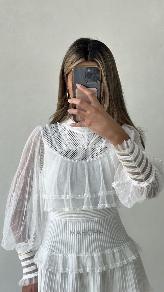 Women Ruffle Lace Beading Deco Long Sleeve