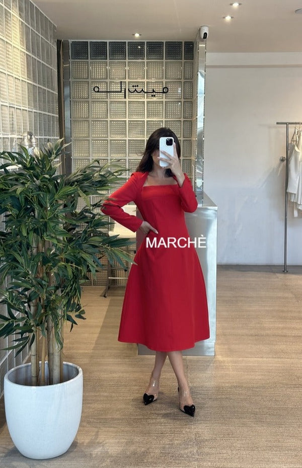 SQUARE COLLAR HIGH WAIST LONG SLEEVE ELEGANT DRESS