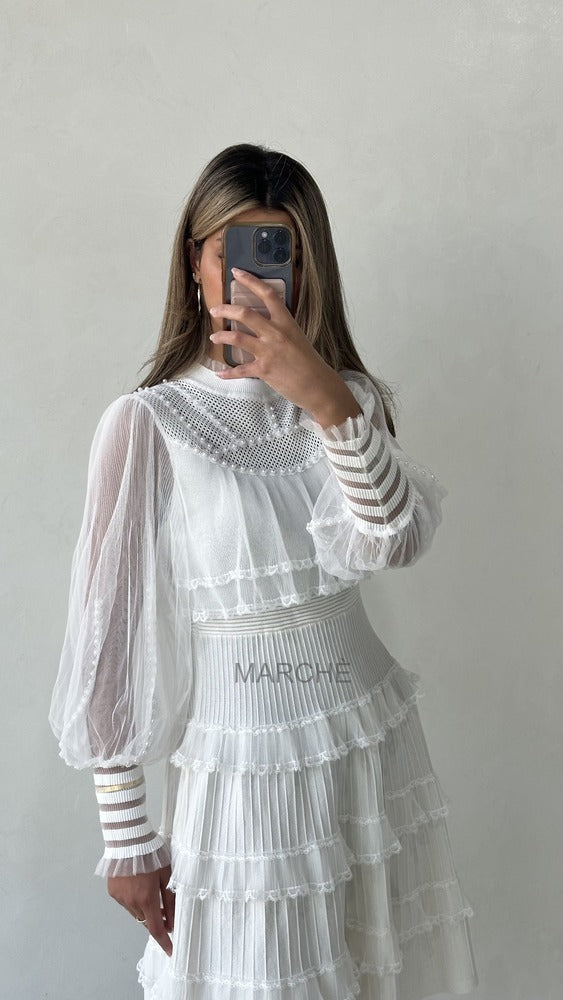 Women Ruffle Lace Beading Deco Long Sleeve