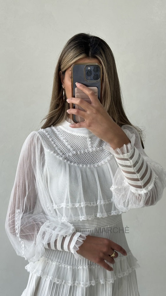 Women Ruffle Lace Beading Deco Long Sleeve