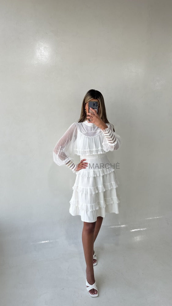 Women Ruffle Lace Beading Deco Long Sleeve