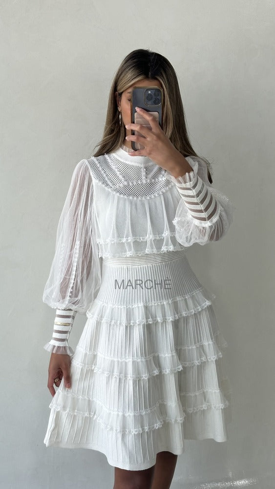 Women Ruffle Lace Beading Deco Long Sleeve