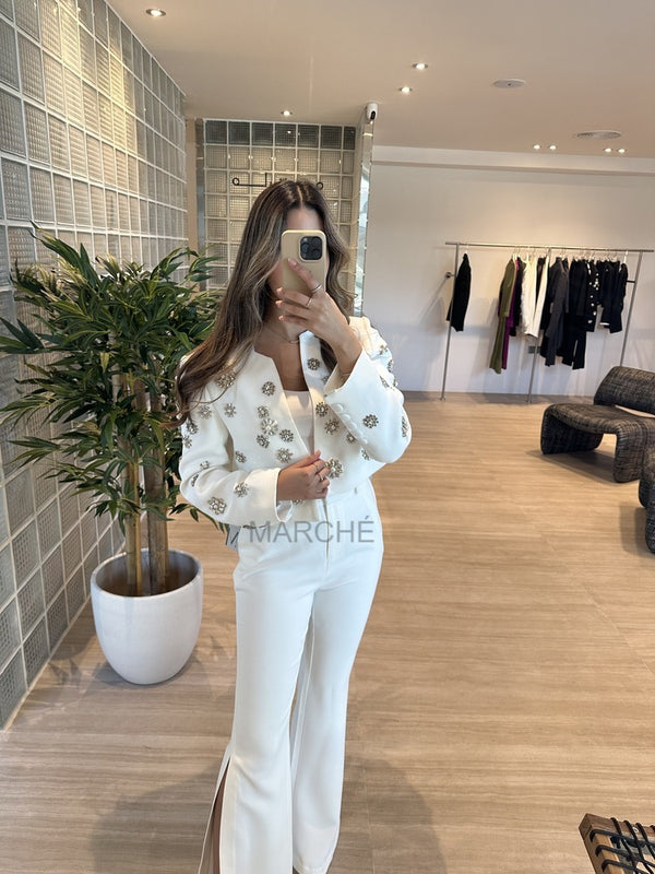 Rhinestone Beaded Trimed Jacket Flare Slit Pants Suit