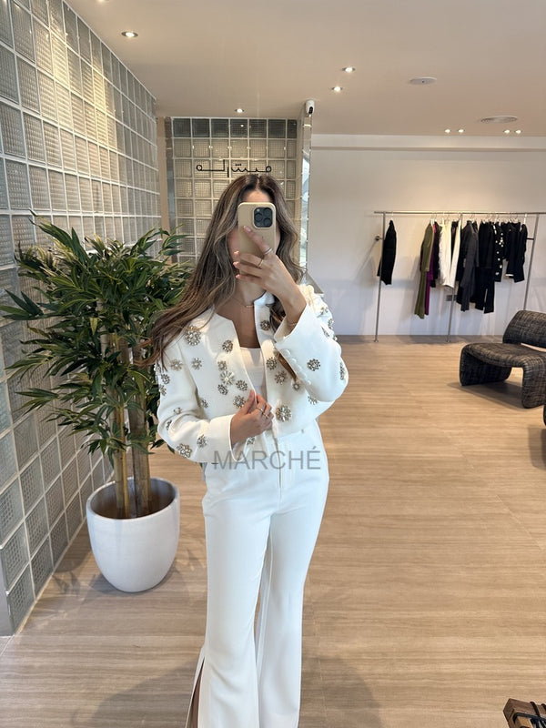 Rhinestone Beaded Trimed Jacket Flare Slit Pants Suit
