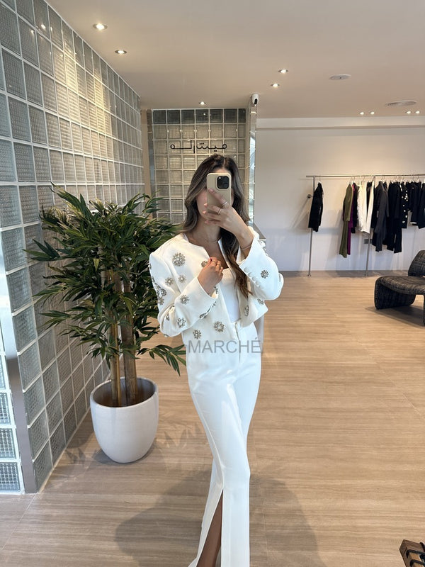 Rhinestone Beaded Trimed Jacket Flare Slit Pants Suit