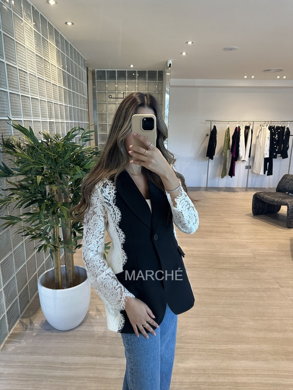 Notched Lace Patchwork Long Sleeve Contrast Suit Jackets