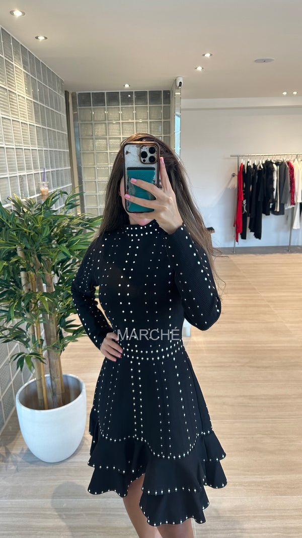Black Ruffles Dot Design Knitting Elegant Dress For Women