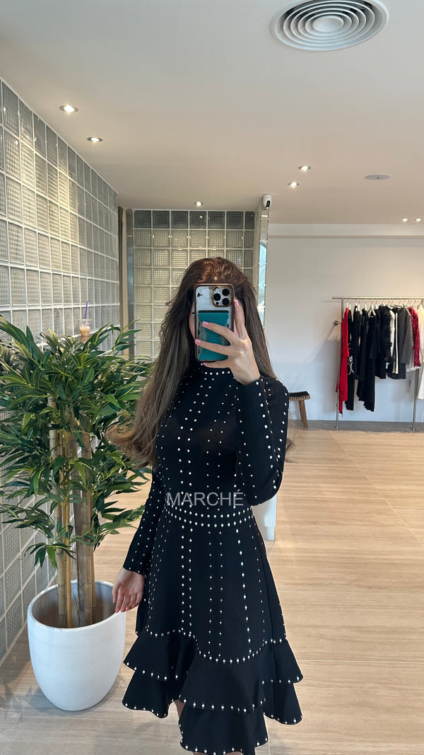Black Ruffles Dot Design Knitting Elegant Dress For Women