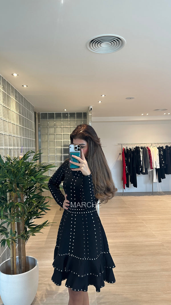 Black Ruffles Dot Design Knitting Elegant Dress For Women