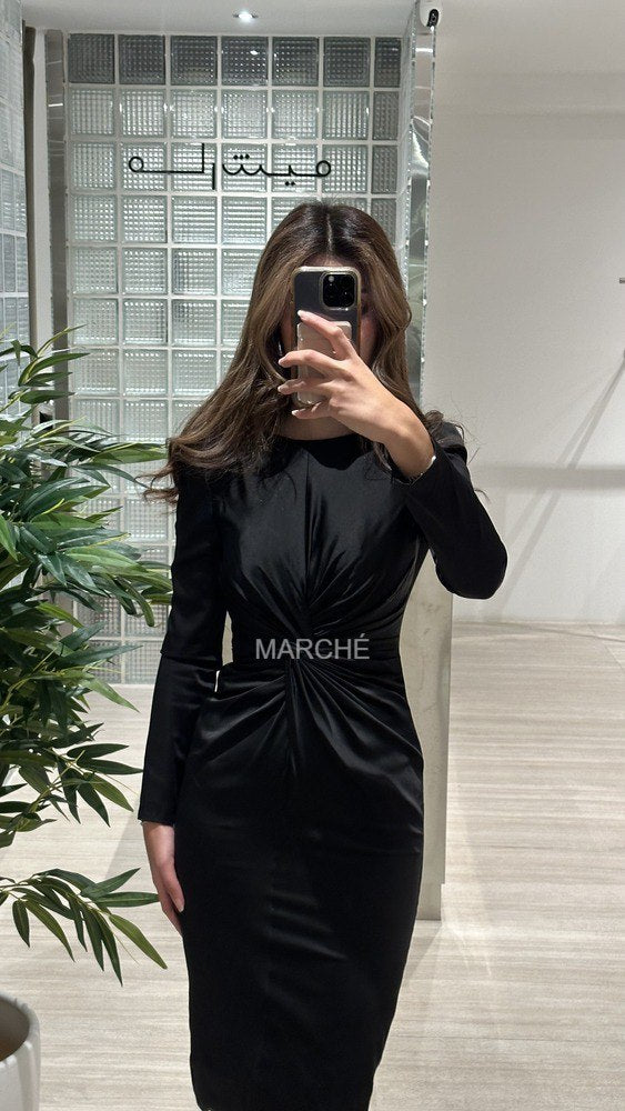 Evening Dress O-neck Long Sleeve Zipper Pleated
